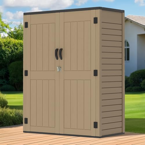 Brown Resin Vertical Outdoor Storage Shed, 59 Cubic Feet J83445