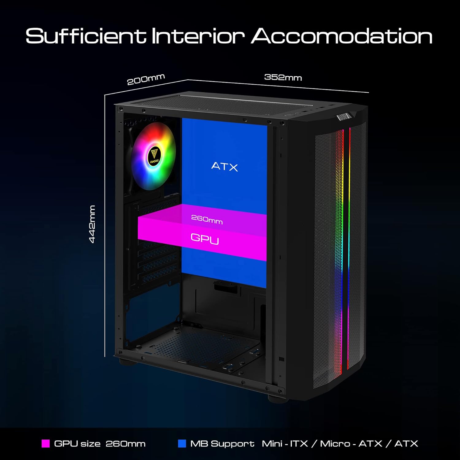 ATX Mid Tower Gaming Computer PC Case with Side Tempered Glass and 120mm ARGB Case Fans R122174