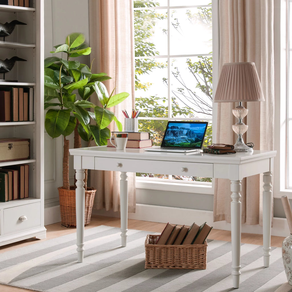 Cottage White Writing Desk with Center Keyboard Drawer J157457