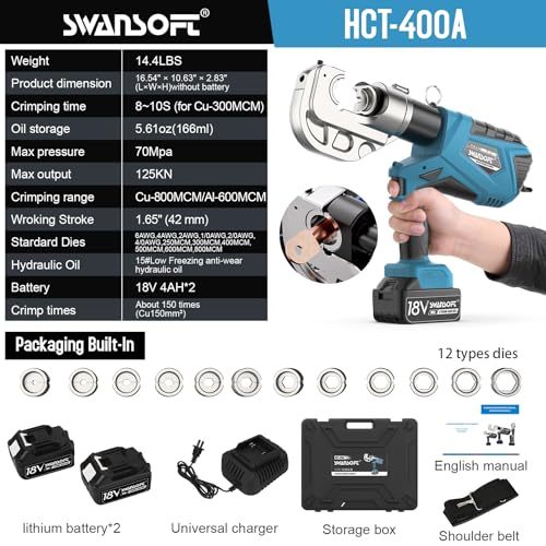 12Ton 6AWG-800MCM Rechargeable Hydraulic Crimping Tool E935850