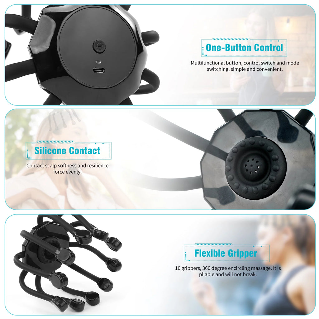 Black Electric Scalp Massager with 5 Modes and 10 Vibrating Contacts E7883