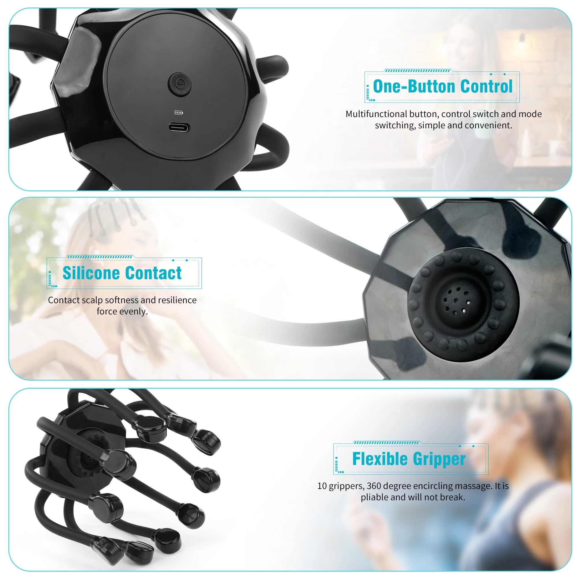 Black Electric Scalp Massager with 5 Modes and 10 Vibrating Contacts E7883