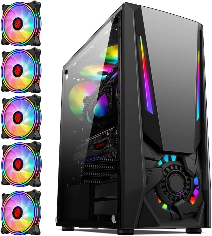 Mid Tower Desktop PC Gaming Computer Case with 5pcs 120mm ARGB Fans Tempered Glass Side Panels Black L200895