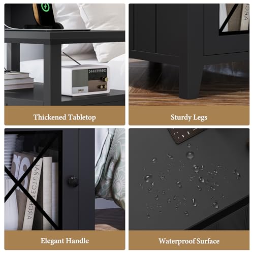 Black Farmhouse End Table with Charging Station and LED Lights C173