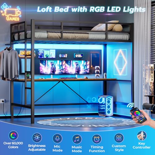 White Twin Size Metal Loft Bed with Desk and Led Lights C577980
