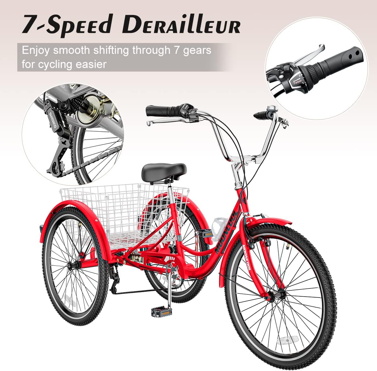 Red 7 Speed 3 Wheel Adult Tricycle with Basket Q9630