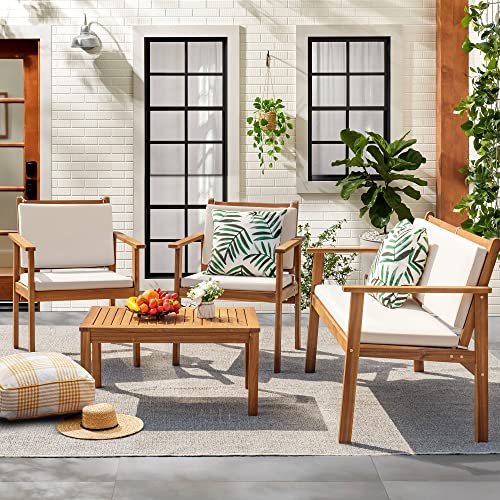 3 Piece Acacia Wood Patio Chairs with Coffee Table & Cushions I114340