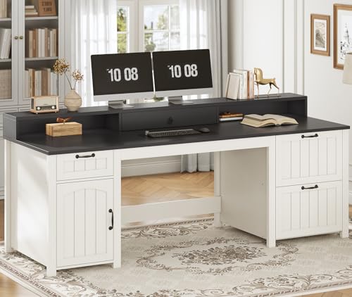 White 63" Wood Desk with File Drawer and Monitor Stand T790