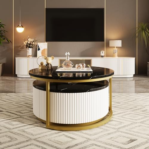White Gold Round Nesting Coffee Table with Drawer P474489
