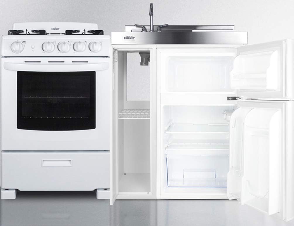 54" Wide All-in-One Kitchenette with 4-Burner Gas Range, Refrigerator-Freezer, Sink, Cutting Board and Storage Cabinet H7903