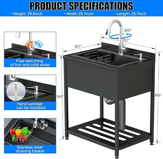 Stainless Steel Utility Sink 36.6" × 24.2" × 36.6" with Cold and Hot Water Faucet and Drain Kit E572
