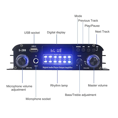 4 Channel Bluetooth 5.0 Stereo Amplifier, 50Wx4 Power Amp, 1200W Max, Class D Home Audio Receiver D663390