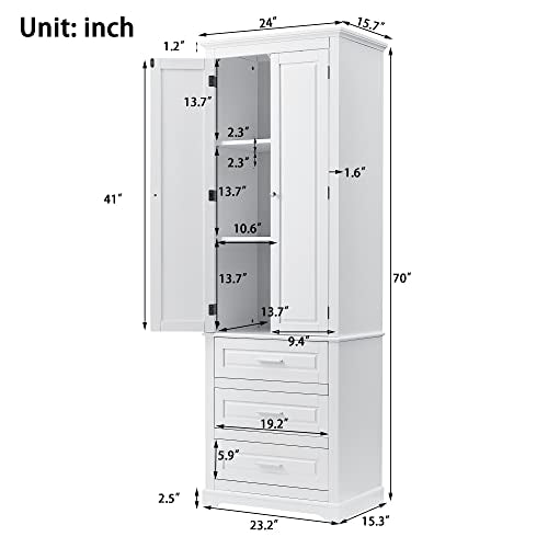 White 2 Door Tall Bathroom Storage Cabinet with 3 Drawers and Adjustable Shelves T5371