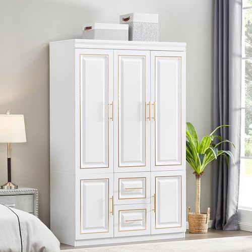 White Wood Storage Closet with Doors and Hanging Rod I69927