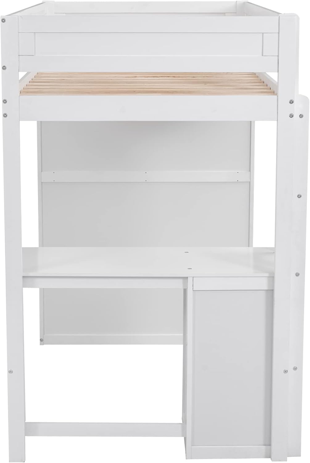 White Wooden Twin Size Loft Bed with Desk and Wardrobe T6834
