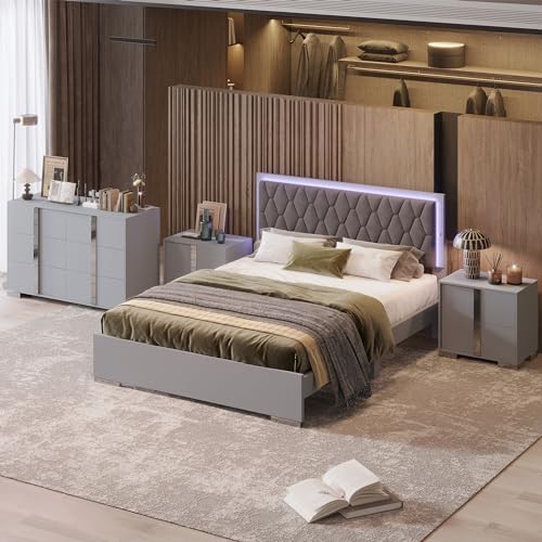 Queen Wood Upholstered Bed with LED Lights, 2 Mirrored Nightstands, 6-Drawer Dresser with Metal Handles and Legs (Grey) M8352