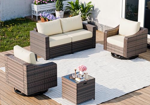 6 Piece Heavy Duty Wicker Patio Furniture Set with Fire Pit Table and Swivel Chair, Grey N579554