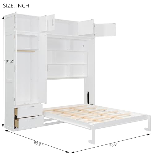 White Queen Size Murphy Bed with Shelves and Wardrobe P38948