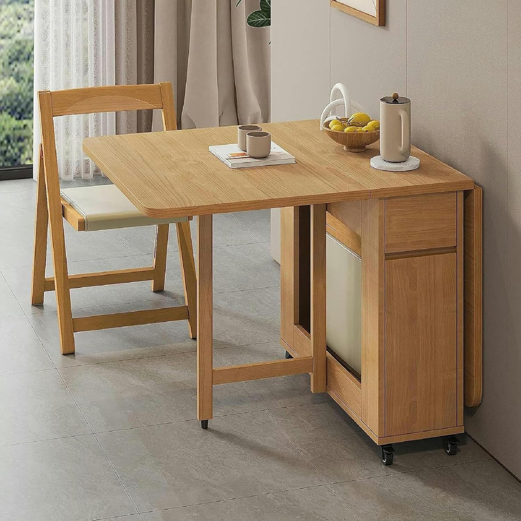 Wooden Extendable Dining Table Set with 4 Chairs, Drop Leaf Tables on Moveable Wheels and 1 Drawers L16915
