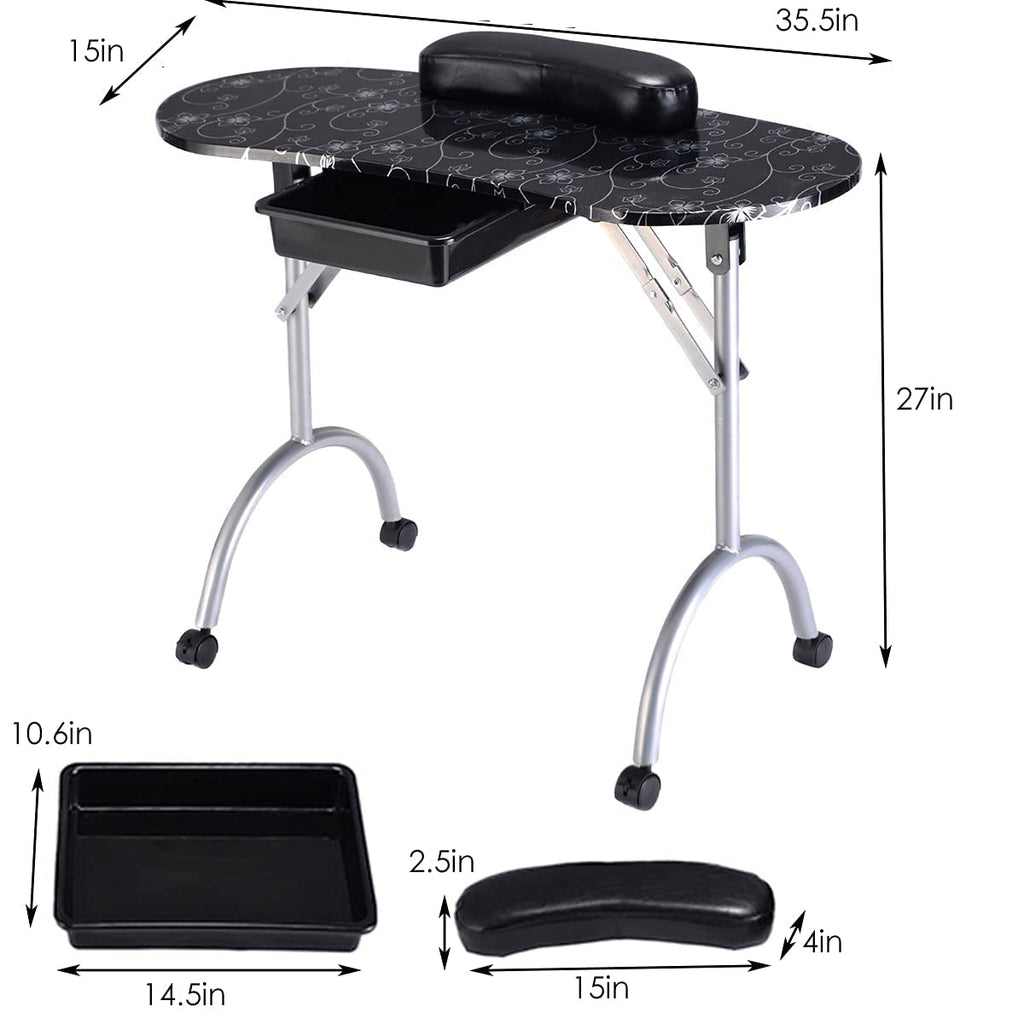 Black Portable Nail Table with Drawer and Casters G4199