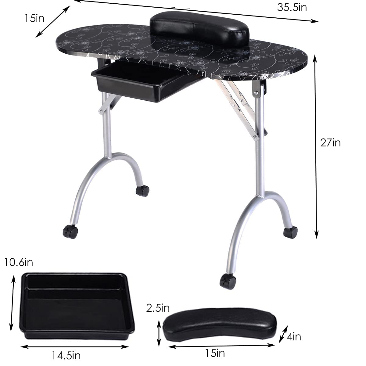 Black Portable Nail Table with Drawer and Casters G4199