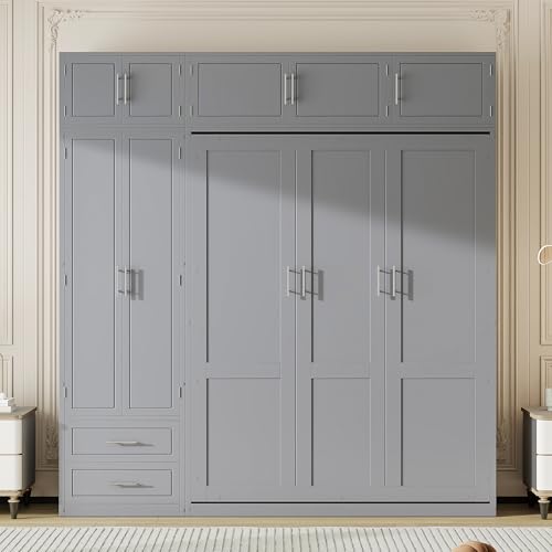 White Queen Size Murphy Bed with Shelves and Wardrobe P38948