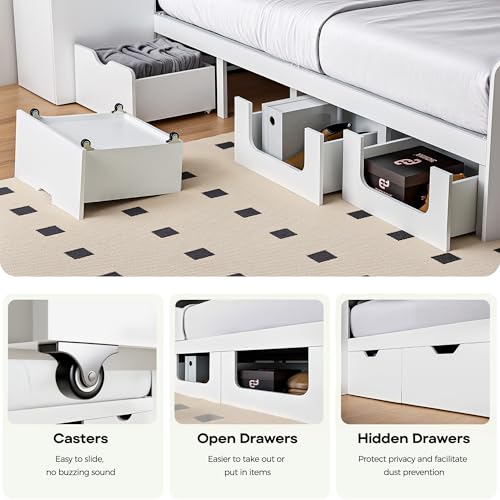 Full Platform Bed Frame with Storage Headboard, 4 Drawers, LED Light & Charging Station P719216