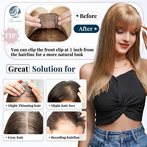 Medium Brown Mix Dark Blonde Real Remy Human Hair Topper with Bangs 38g 6inch M779503