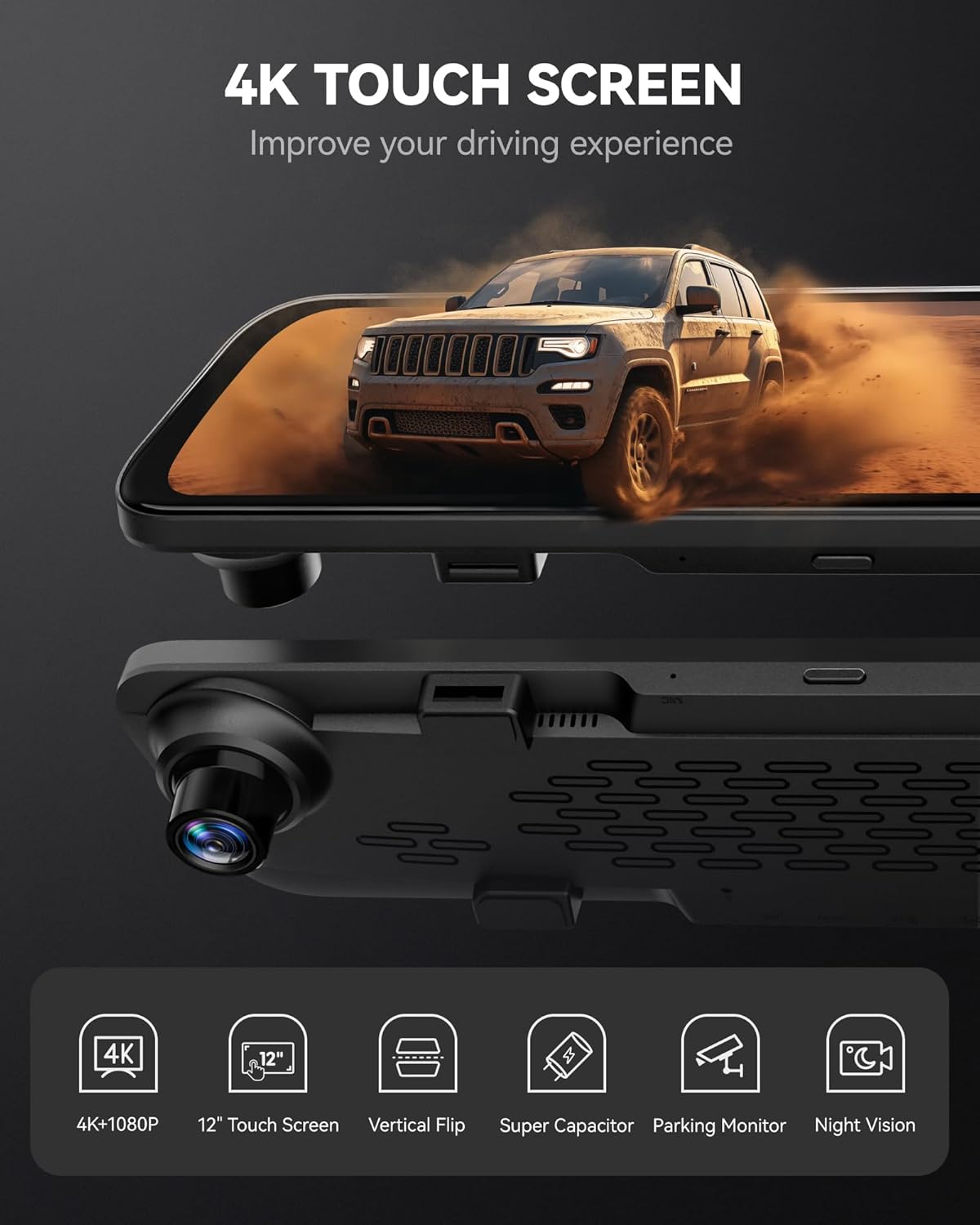 12" 4K Mirror Dash Cam Backup Camera with Front and Rear View Dual Cameras O841338