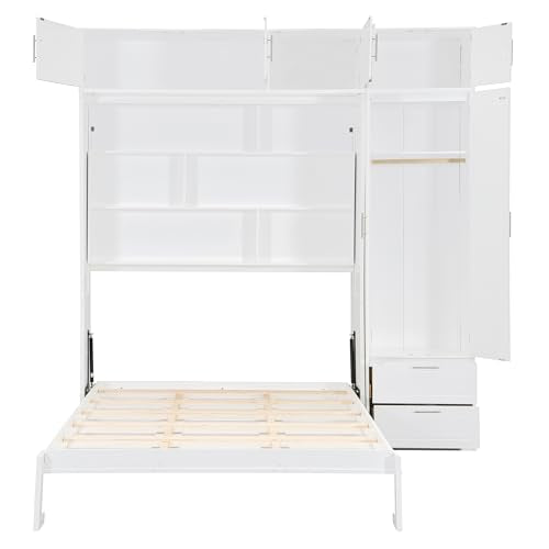 White Queen Size Murphy Bed with Shelves and Wardrobe P38948