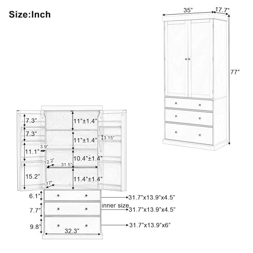 77" Grey Wooden Kitchen Pantry with 3 Drawers D8563
