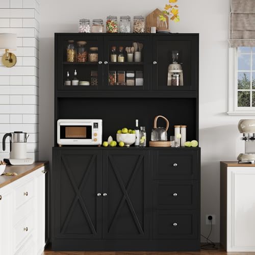 Natural Tall Kitchen Pantry Cabinet with Drawer and Glass Doors G7400