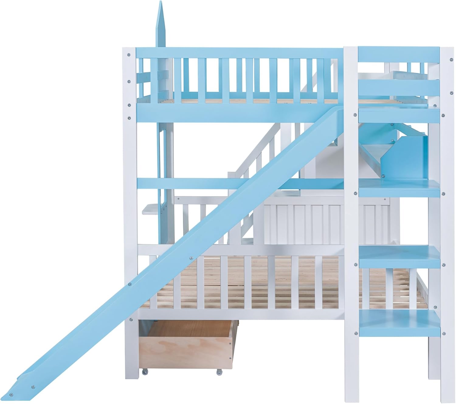 Full Over Full Solid Wood Bunk Bed with Stairs and Slide and Storage Drawers and Bookshelf (Blue) U370