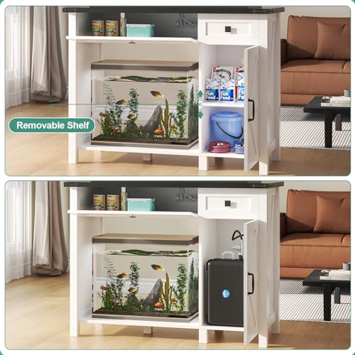 White 40 Gallon Aquarium Stand with Drawer and Cabinet Storage O320