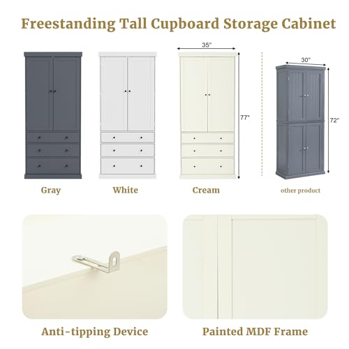 77" Grey Wooden Kitchen Pantry with 3 Drawers D8563