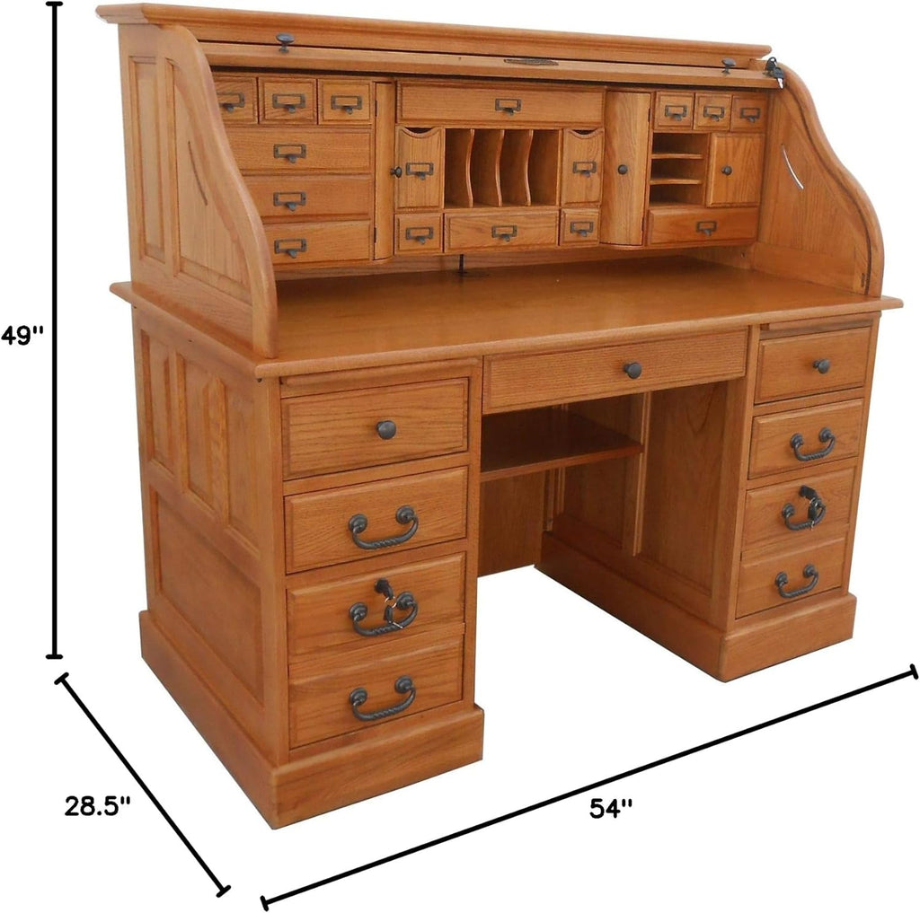 54 inch Solid Oak Wood Roll Top Desk with Locking File Drawers T673135