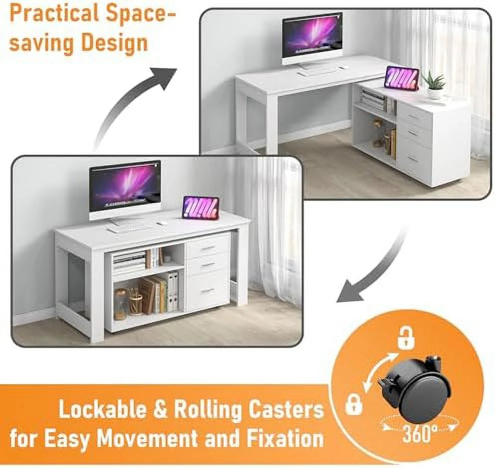 White L Shaped Corner Desk with 3 Drawers and 2 Shelves L62379