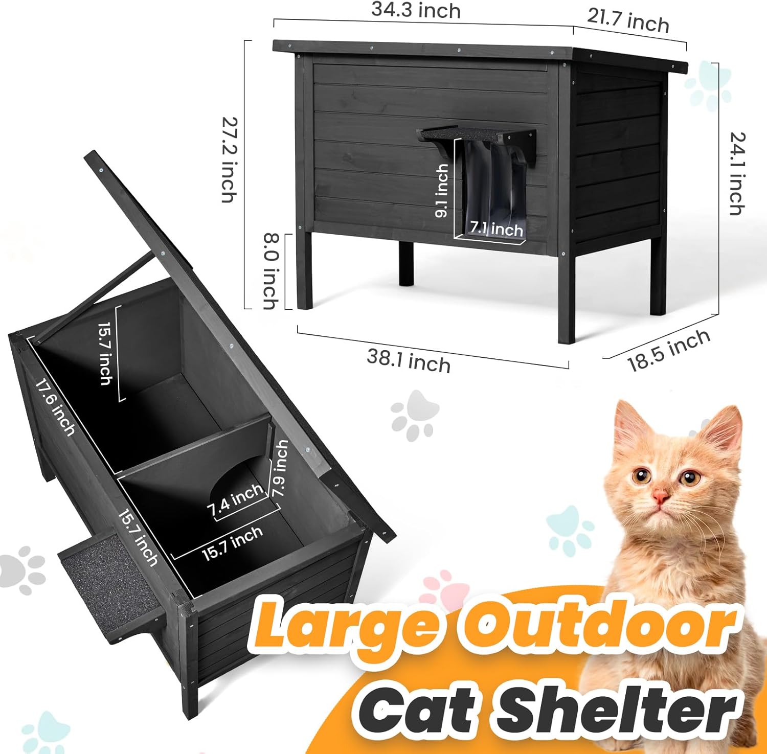 Outdoor Cat House Weatherproof Insulated Foam Wooden Cat Condos with PVC Door Flaps Z280372