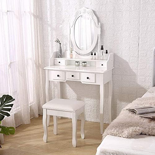 White Vanity Mirror Table Set with Stool H7364