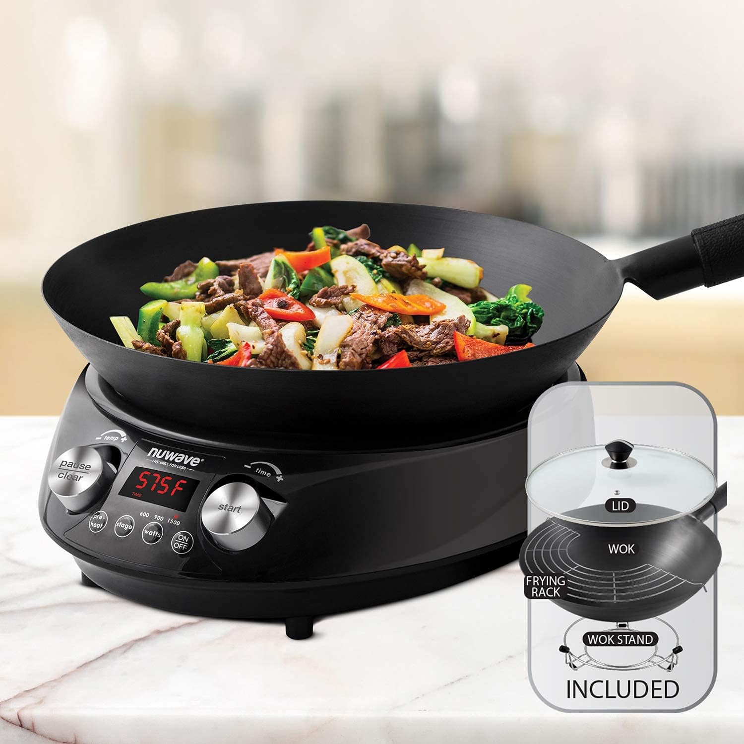 14-inch Carbon Steel Induction Wok with Tempered Glass Lid I316