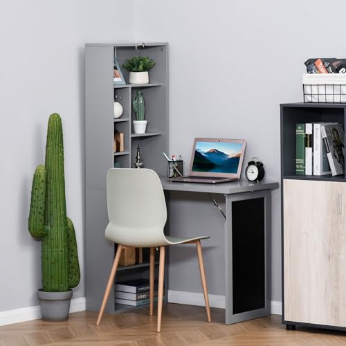 Grey Wall Mount Desk Cabinet with Blackboard and Side Shelf M8497
