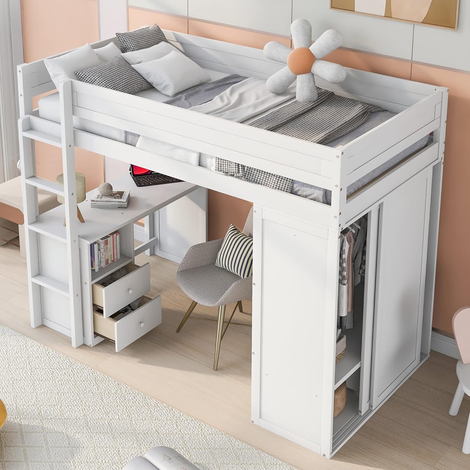 White Wooden Twin Size Loft Bed with Desk and Wardrobe T6834