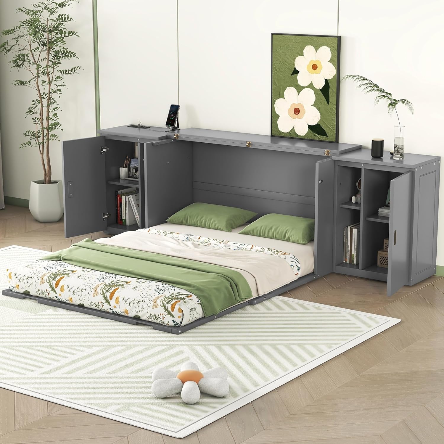 Queen Size Murphy Bed with Shelves, Cabinets and USB Ports, Gray Q16087