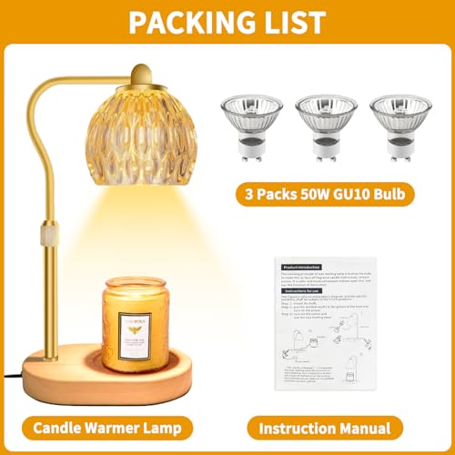 Candle Warmer Lamp with 3 Bulbs, Dimmable Adjustable Hight Gold L745