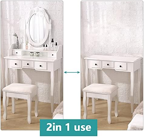 White Vanity Mirror Table Set with Stool H7364