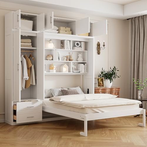 White Queen Size Murphy Bed with Shelves and Wardrobe P38948