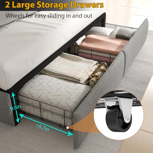 Gray Full Size Upholstered Bed Frame with 4 Storage Drawers and LED Lights A11372