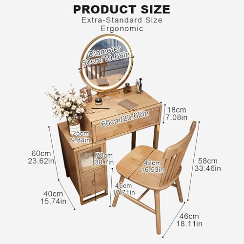 Wooden Vanity Desk with Mirror and Lights and Drawers with Cushioned Stool R27633