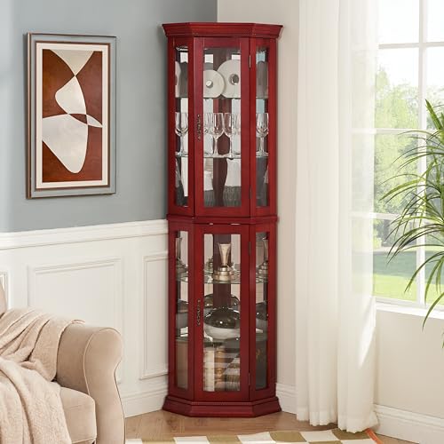 Corner Curio Cabinet Lighted Display with Glass Doors & 4 Adjustable Glass Shelves Z22947