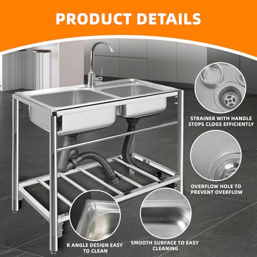 Stainless Steel Double Bowl Free Standing Utility Sink 31.5" x 16.9" x 29.5" A3040